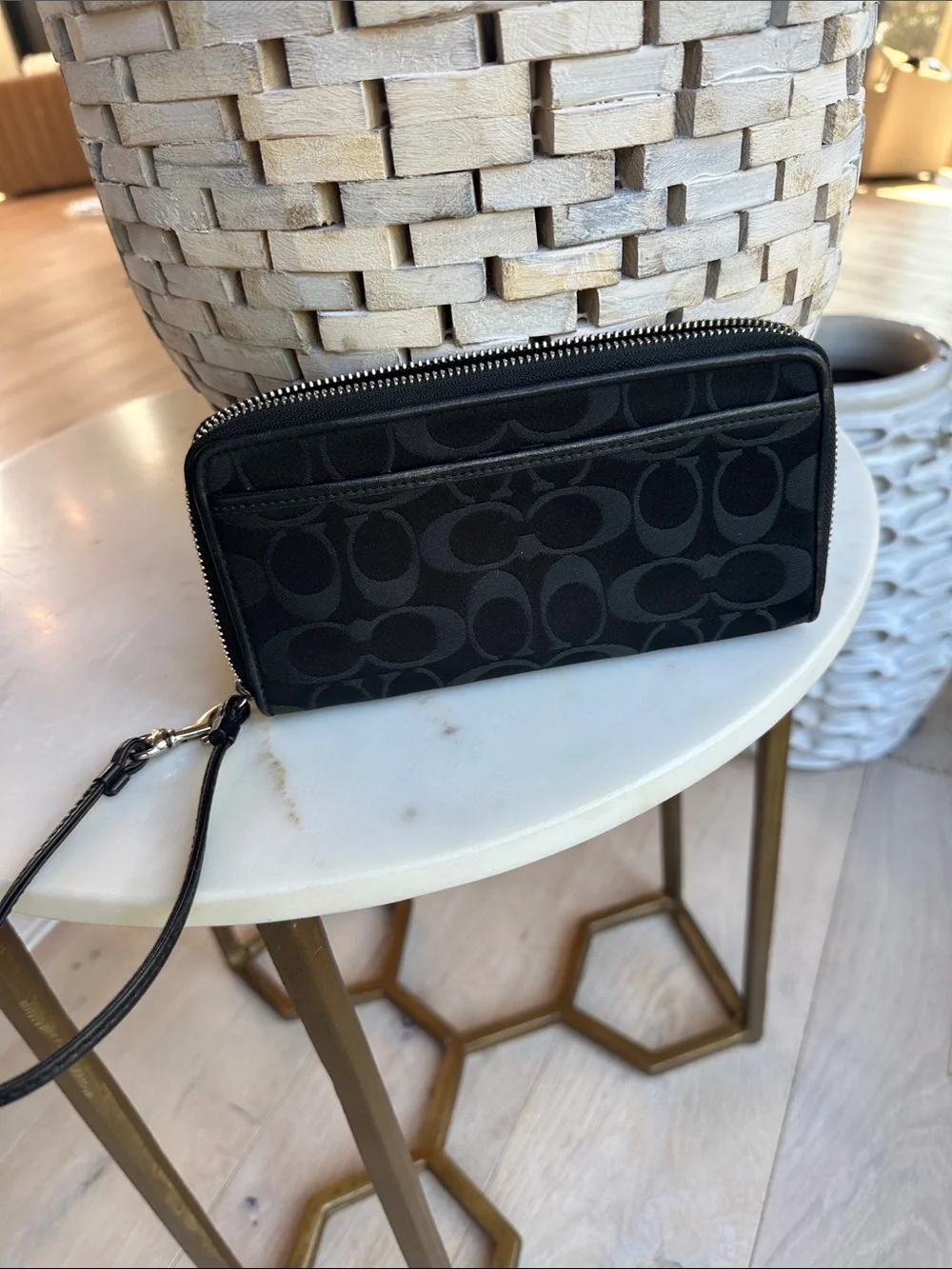 Coach Black Signature Wristlet with Silver Plaque